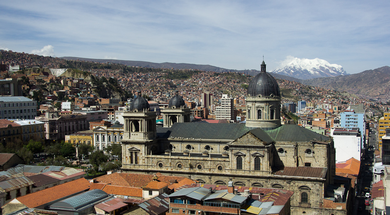 het centrum van La Paz met links het Plaza de Murillo